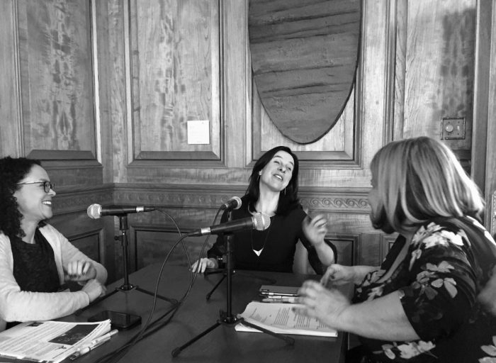 Montreal Mayor Valérie Plante talks to Anne-France Goldwater and Marie-Hélène Dubé.